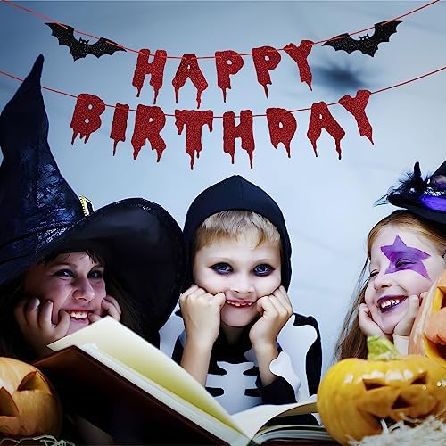 Happy Birthday Halloween Banner – Red Glitter Dripping Blood-Style Paper Letter Garland with Black Bat Accents for Scary Birthday Party, Vampire, Gothic and Horror Decorations