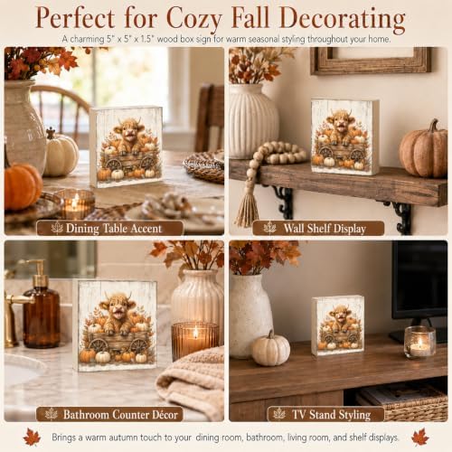 Fall Decorations for Home Highland Cow Pumpkin Wood Sign Fall Decor 5x5Inch