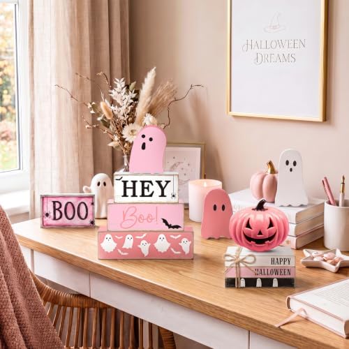 11 Pcs Halloween Table Decoration Pink Ghost Wooden Tiered Tray Decor Halloween Table Centerpiece Wooden Signs for Spooky Season Ghost Party Haunted Home Kitchen Shelf