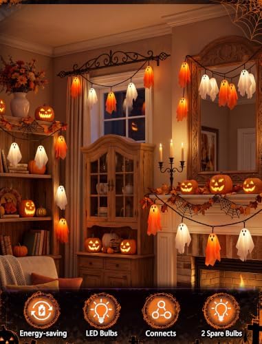 8.5FT 10 LED Halloween Orange and White Fabric Ghost String Lights Outdoor