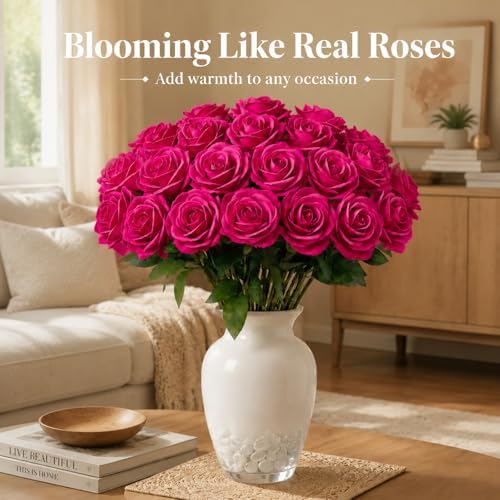 60 Pcs Hot Pink Velvet Artificial Roses Flowers Real Looking Silk Faux Roses Bulk Long Stems for Wedding Centerpieces,DIY Floral Arrangements,Home Decor,Anniversary,Valentine's Day