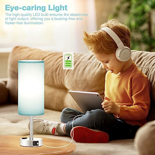 Fenmzee Light Beige Bedside Table Lamp, Dimmable Touch, USB A+C, AC Outlet