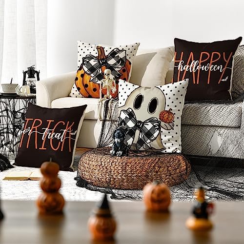 AVOIN colorlife Happy Halloween Cute Ghost Trick or Treat Throw Pillow Covers, 20 x 20 Inch Polka Dot Pumpkin Bat Cushion Case for Sofa Couch Set of 4 Black