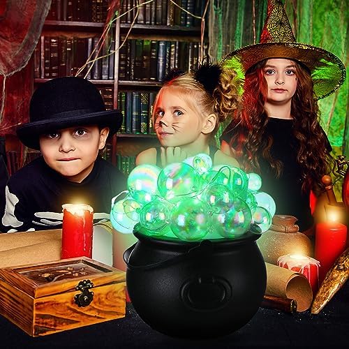 Jenaai 96 Pcs Halloween Bubbling Cauldron Set with 40 Ball Ornaments 2 Lights String 20 g Spider Webs 2 Fake Spider 50 Adhesive Points for Party(Warm White, Green)