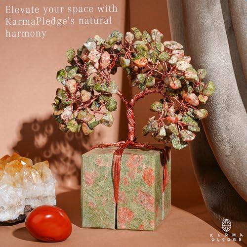 KARMAPLEDGE Chakra Tree of Life for Unique Gifts for Mom, Dad, Home and Office Decor, Handmade Unakite Healing Crystal