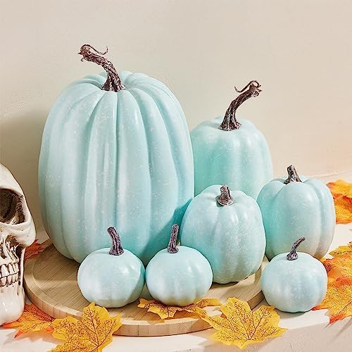 7Pcs Artificial Pumpkins of All Styles Halloween Decoration Rural Style Farmhouse Foam Pumpkin Thanksgiving Day is Suitable for Table top House Dining Table Party Decoration (Light Blue)