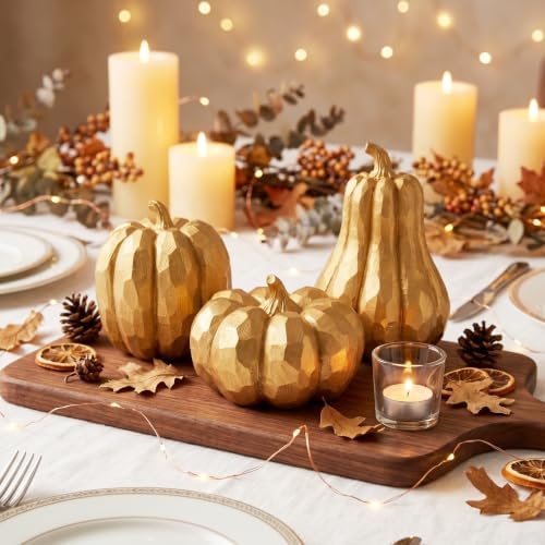 Gold Pumpkin Decor, 3Pcs Resin Pumpkin Figurines Fall Decoration for Home