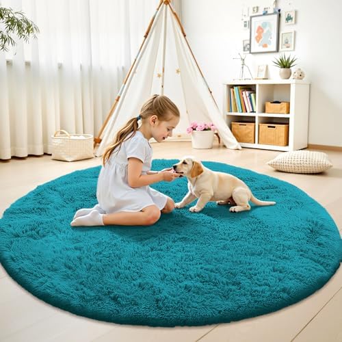 OLANLY Teal Round Rugs for Bedroom - Machine Washable, 6 ft Circle Area Rugs for Living Room, Soft and Fluffy Shaggy