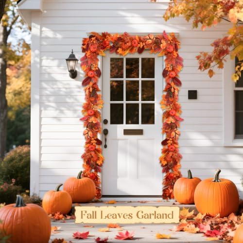 SHareconn 2 Packs 6ft Fall Garland with Lights and Timer for Mantle