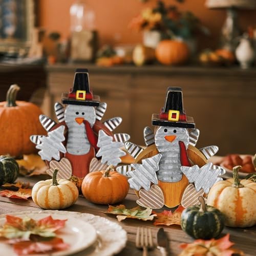 Zcaukya 2 Pack Thanksgiving Wooden Turkeys Decorations Indoor