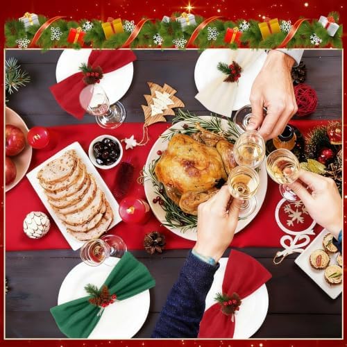 LemonRoad 36 Pcs Cloth Napkins and Napkin Ring Holders, Reusable Fabric for Table Decor Banquet Holiday Dinner Party Supply(Red, Dark Green,White,Christmas)