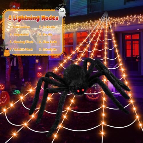 Halloween Decorations 16.4Ft Spider Web with LED Lights & 59" Giant Spider
