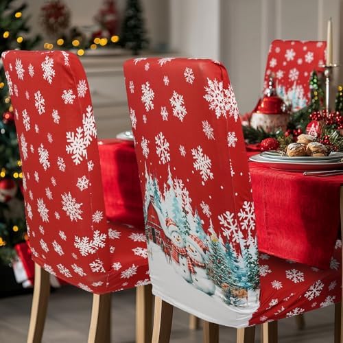 Christmas Chair Covers Set of 4 Snowman Red Truck Dining Chair Seat Cover Stretch Removable Xmas Chair Slipcover Protector for Xmas Dining Room Kitchen Home Decor
