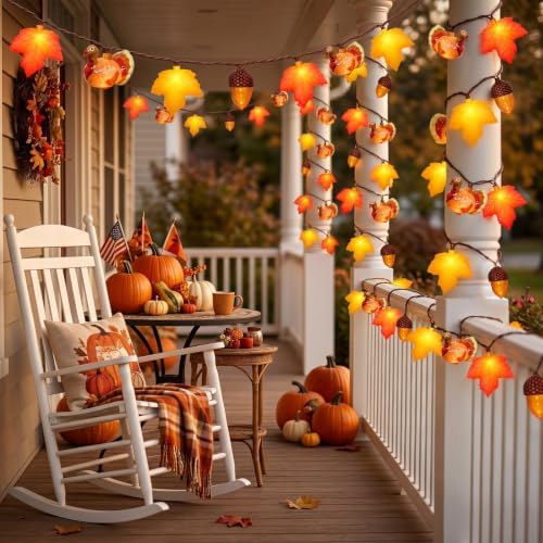8.5Ft Fall Thanksgiving Decor String Lights, 10 LED Maple Leaves Acorn Turkey Lights Home Porch Fireplace Autumn Harvest Party, Indoor Outdoor Thanksgiving Decor, Plug in