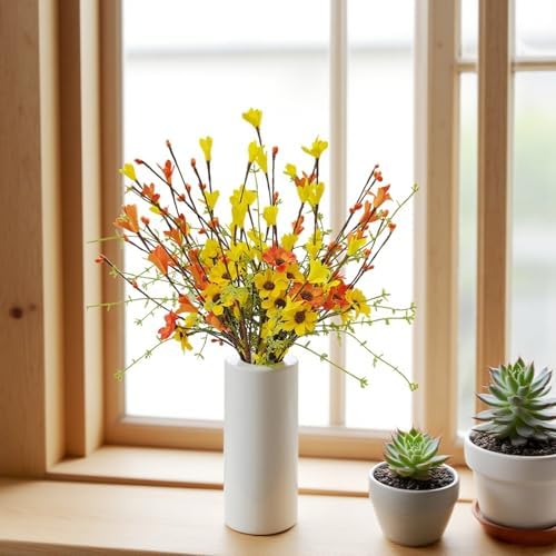 RHN Fall Decorations for Home,6 Pcs Fall Flowers Artificial with Daisies Forsythia Flowers Berry Leaf Stem for Autumn Harvest Thankgiving Home Table Vase Centerpiece Decor（Yellow Orange）