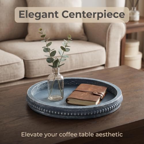 Hrastany Round Blue Wood Decorative Tray for Coffee Table Centerpiece