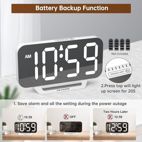 Peakeep Slim Digital Mirror Aesthetic Alarm Clock for Bedrooms Desk Decor