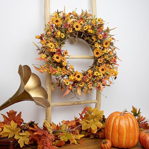 J'FLORU Artificial Fall Wreath 22 Inch Fall Wreaths for Front Door Autumn Porch Farmhouse Thanksgiving Day Harvest Festival