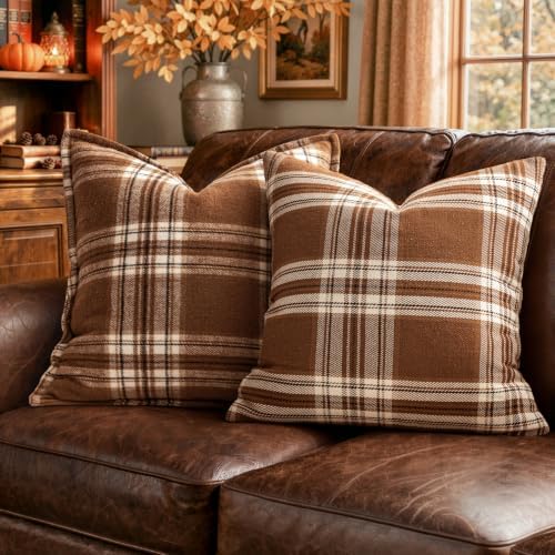 MIULEE Fall Plaid Pillow Covers 18x18 Brown and White Fall Decorations for Home