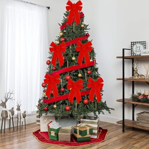 Yuubin 10 Pcs Red Bows Christmas Tree Decorations,9”x13” Large Velvet Wreath Bow with Glitter Gold Edge for Xmas Home Fence Stairs Railing Fireplace Indoor Outdoor Front Door Decor