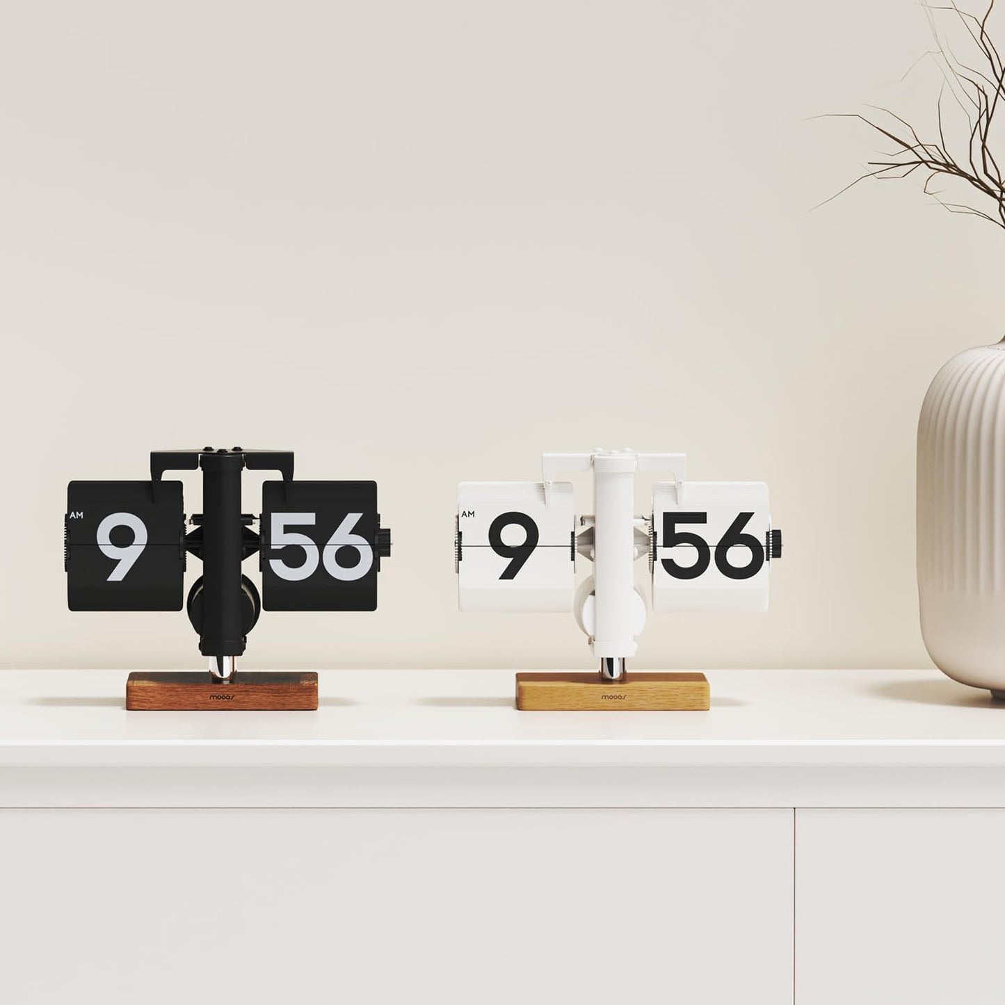 mooas Classic Modern Wood Mini Flip Desk Clock (Black), Retro Vintage Analog Design Auto Flip Clock Table Clock Large