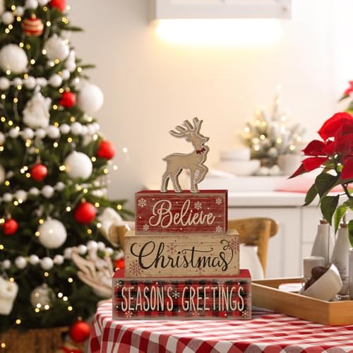 Britimes Tiered Tray Decor Set, 4 Pack, Wooden, Farmhouse Rustic Reindeer