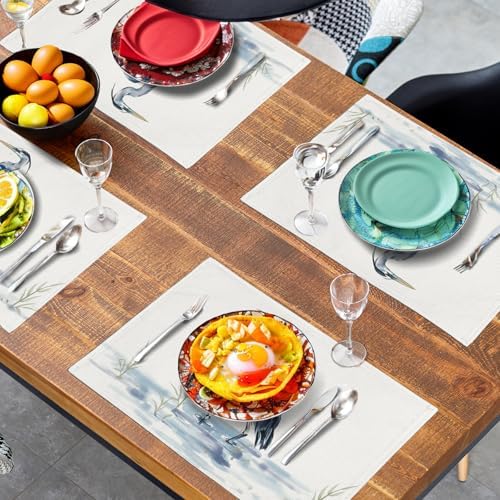 Coastal Placemats Set of 4 Summer Ocean Heron Place Mats 12x18 Inch Nautical Beach Sea Bird Pelican Table Mat Heat Resistant Non Slip Washable Linen Fabric Kitchen Dining Placemat