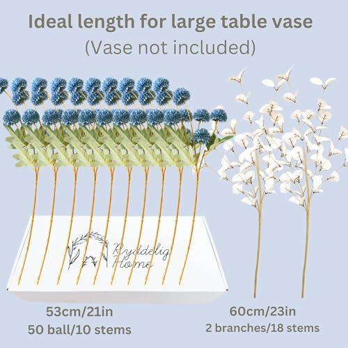 Faux Dusty Blue Flowers, Blue and White Floral Stems For Centerpieces, Fake Mums Artificial Flowers, Flores Azules