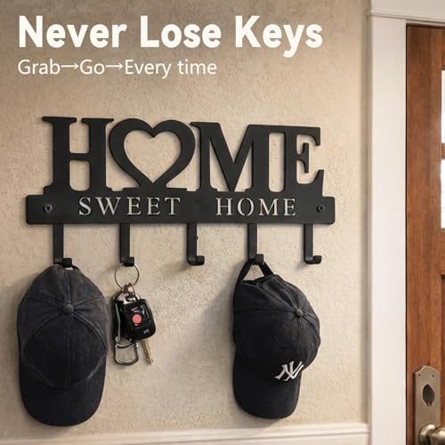 Entryway Wall Key Holder with 5 Hooks, Metal Key Rack Wall Mount for Keys, Bags and Leashes, Decorative Organizer for