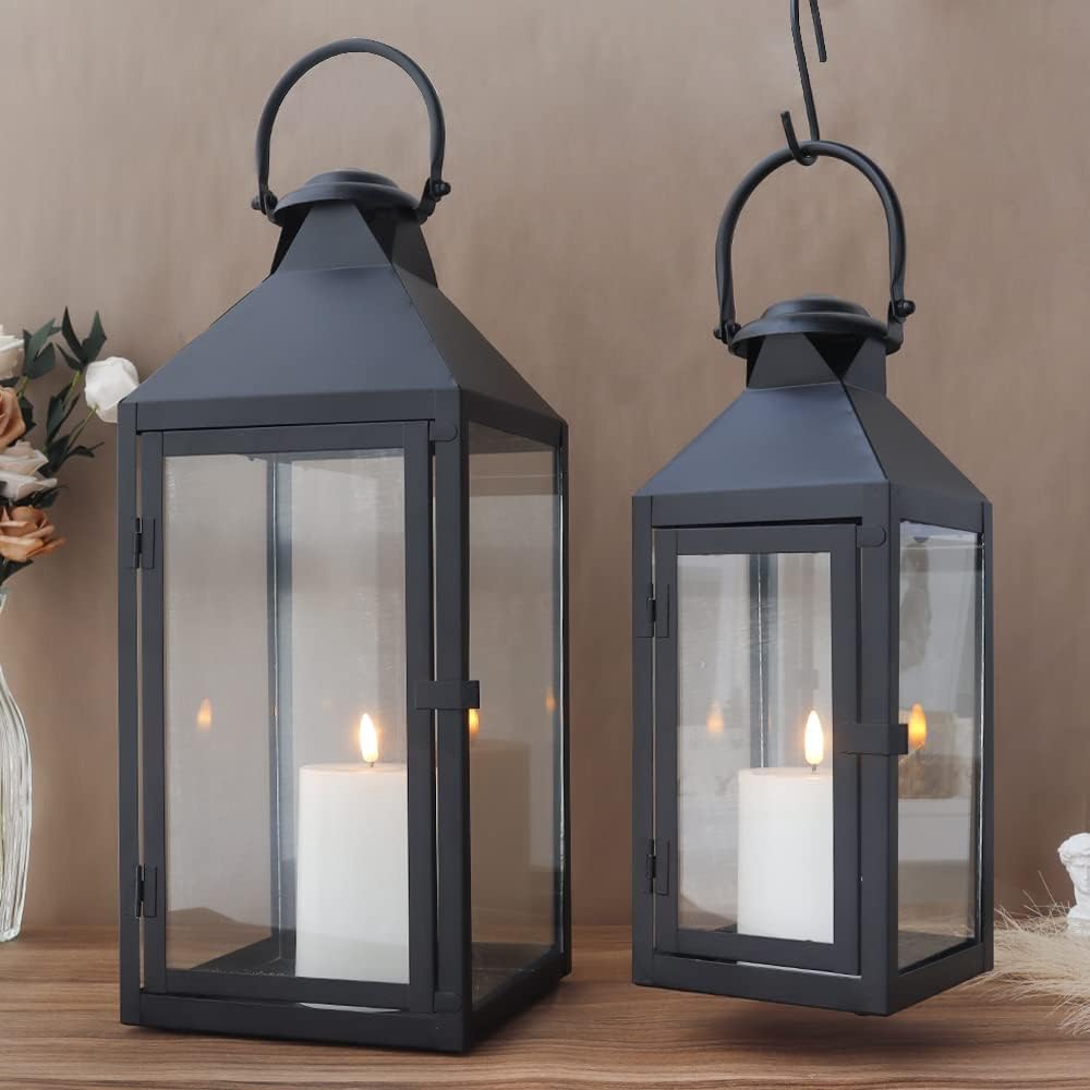 JHY DESIGN Set of 2 Black Decorative Lanterns 17.5inch&13.5inch Metal Candle Lanterns for Indoor Outdoor Events Paritie