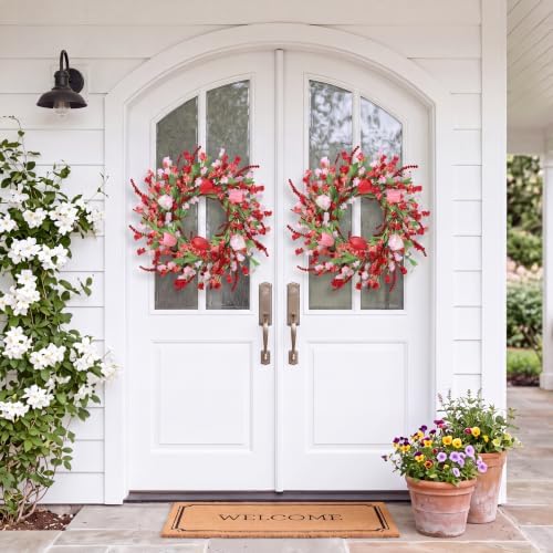 Sggvecsy Spring Summer Wreath for Front Door 22 Inch Artificial Red Flower Wreath with Pink Tulips Greenery Leaves Lavender for All Seasons Home Farmhouse Indoor Outdoor Wall Decor (Red and Pink)