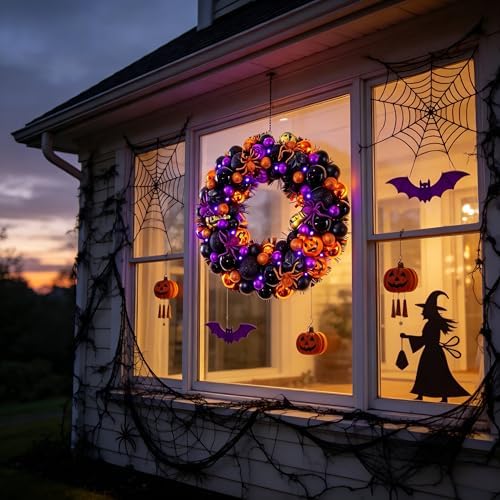 HipTree 17 Inch Halloween Ball Wreath for Front Door with Lights