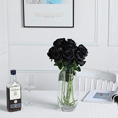 10pcs Black Roses Artificial Flowers, Realistic Faux Rose with Long Stem