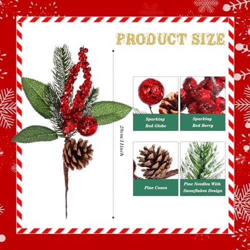 Boao 12 Pcs Christmas Berry Pine Picks, 11 Inch, Glitter Sequins Style
