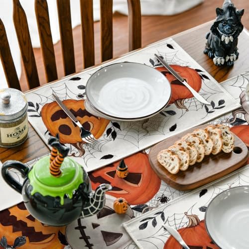 Artoid Mode Pumpkins Spider Web Halloween Placemats Set of 4, 12x18 Inch Fall Holiday Table Mats for Party Kitchen Dining Decoration