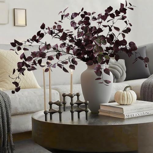 HyeFlora 5PCS Artificial Fall Eucalyptus Leaves Stem Plants, 32.7 inch Fake Leaves Autumn Greenery Branches Burgundy