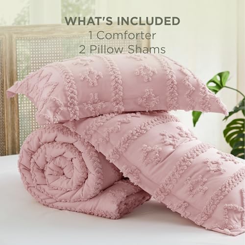 Bedsure Tufted Boho Comforter Set Queen Size - Pink Boho Bed Set, GentleSoft™ 3 Pieces Farmhouse-Style Embroidery