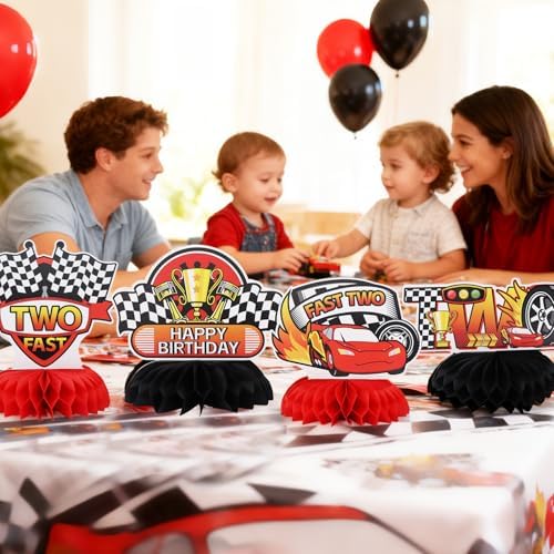 TONIFUL Two Fast 2nd Birthday Black and Red Race Car Themed Centerpieces