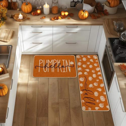 Artoid Mode Orange Hello Pumpkin Fall Kitchen Mats Set of 2 - 17x29+17x47"