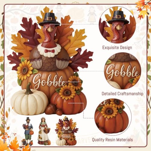 Simgoing 3 Pcs Fall Thanksgiving Figurine Resin Turkey Pilgrims Table Decor