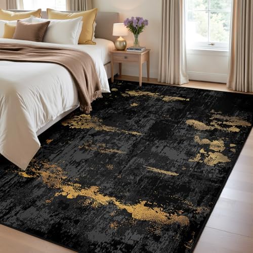 RELEANY Washable 4'x6' Abstract Area Rug for Living Room Black Gold