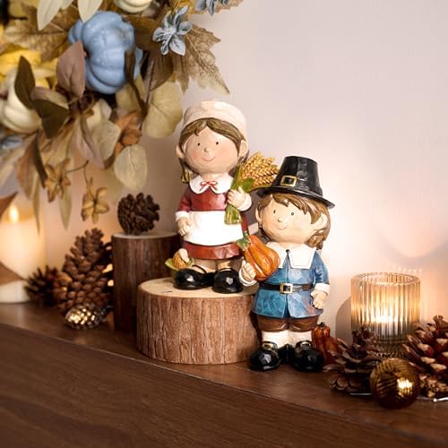 Valery Madelyn Fall Decorations For Home, Family Boy and Girl Harvest Decor for Table, Large Set of 2 Funny Thanksgiving Autumn Collectible Figurine Garden Statue Gift for Room Yard Party 7.3inch