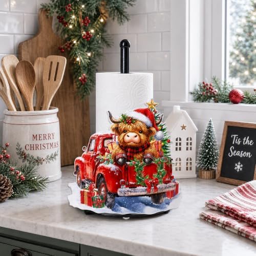 Christmas Highland Cow Paper Towel Holder, Farmhouse Xmas Kitchen Countertop Decor, Highland Cow Paper Towel Roll Stand, Christmas Housewarming Birthday Gift for Women Mom