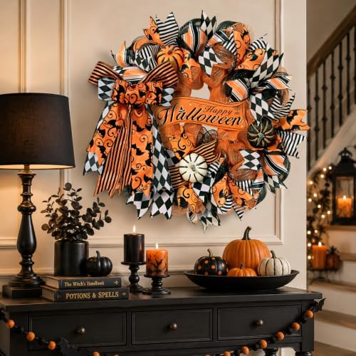 2 Pcs Halloween Wreaths for Front Door, Halloween Wreath with Ribbon Bow