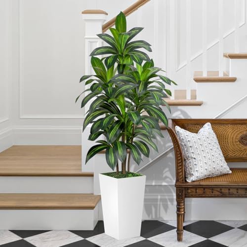VIVATREES Dracaena Tree 5FT Artificial, 60in Tall Faux Dracaena Tree with 15.7 White Planter, Fake Potted Tree for