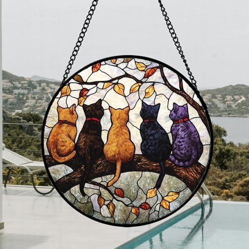 5 Cats on a Branch Stained Glass Window Hanging Suncatcher Gifts 15"
