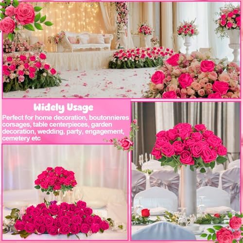 36 Pcs Hot Pink Artificial Roses with Long Stems