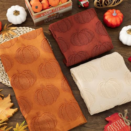 Whaline 3 Pcs Fall Hand Towel Beige Orange Brown 3D Pumpkin Jacquard Cotton Towel Absorbent Dish Towels for Autumn Harvest Thanksgiving Kitchen Bathroom, 13.8 x 29.5 Inch