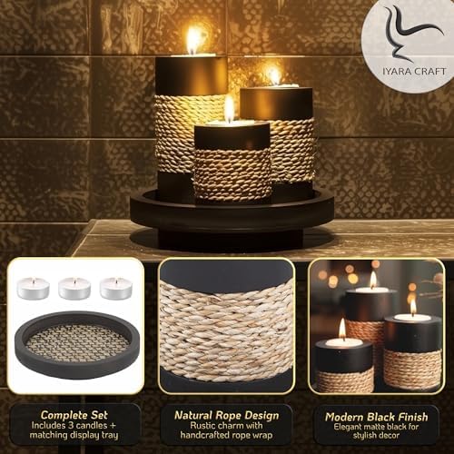 IYARA CRAFT Candleholder Set with Tray, Set of 3 Rustic Black Wooden Tealight Candle Holders with Natural Rope Accent