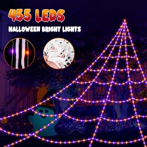 Halloween Decorations Spider Web Lights, 455 LED 16.4Ft Light Up Spider Web